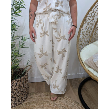 Pantalon fluide femme écru palmiers camel