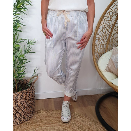 Pantalon femme élastiqué rayé écru et bleu ciel