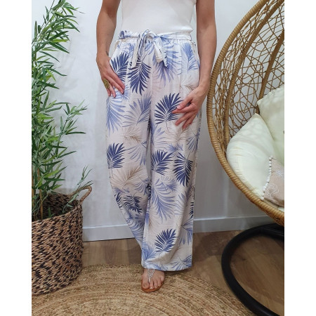 Pantalon fluide femme écru feuillages bleus et beiges Ombelline