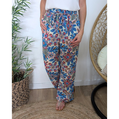 Pantalon femme fluide écru fleuri bleu et rose Ambroise