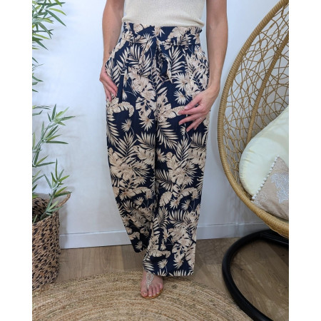 Pantalon femme fluide marine et beige Zénaëlle