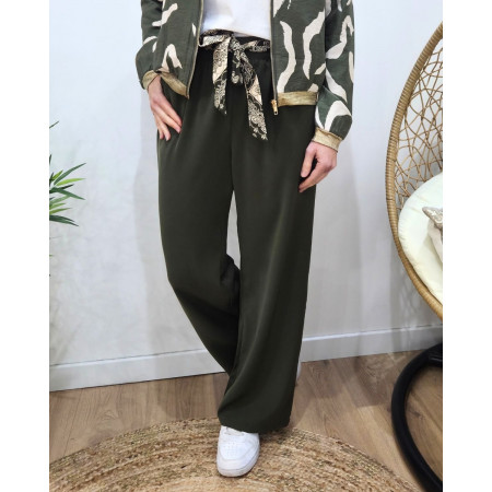 Pantalon fluide femme large kaki ceinture à motifs Maïra
