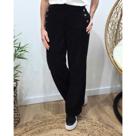 Pantalon large velours femme taille haute boutonné noir