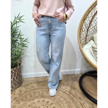 Jean femme wide leg power stretch taille haute bleu clair coupe confort +