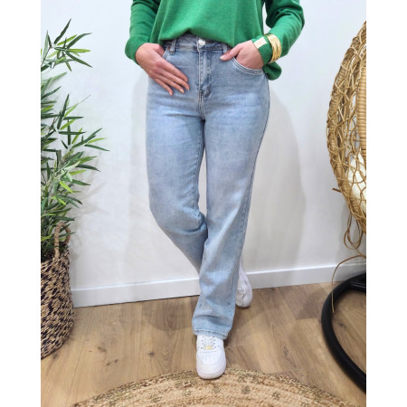 Jean femme droit power stretch bleu clair taille haute coupe confort