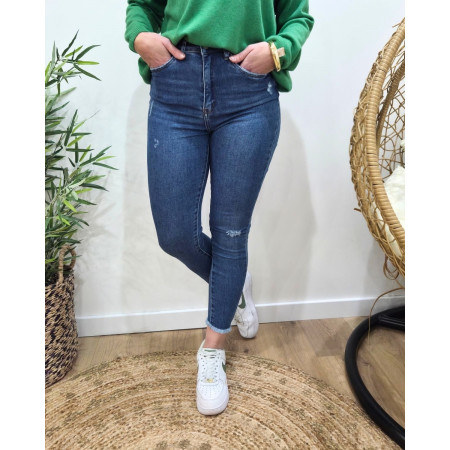 Jean femme bleu 7/8 skinny poches effet abîmé