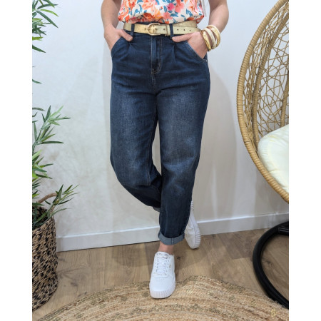 Jean balloon femme bleu foncé délavé