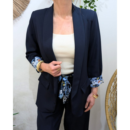 Blazer femme bleu marine manches fleuries Malea
