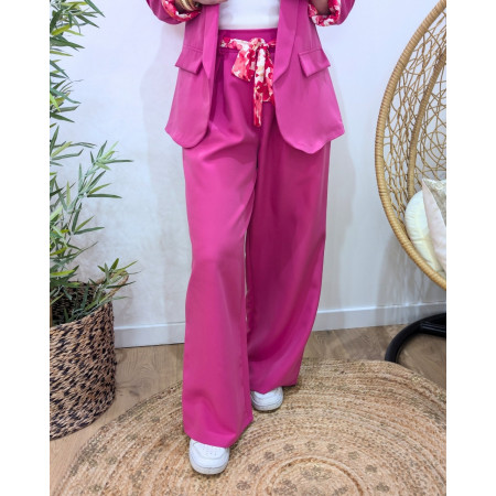Pantalon fluide femme rose fuchsia ceinture fleurie Malea