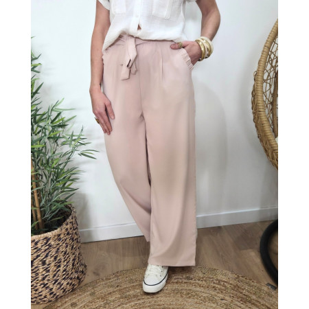 Pantalon femme fluide beige poches froncées