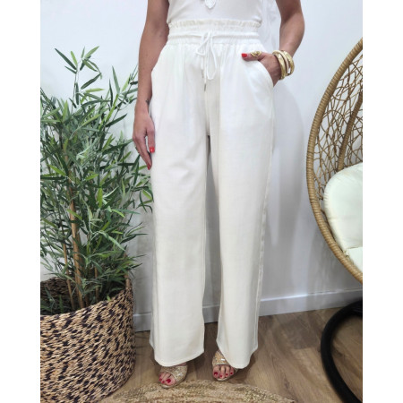 Pantalon femme fluide écru taille élastique