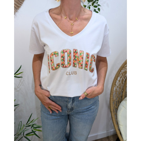 T-Shirt femme blanc ICONIC Club paillettes dorées fleurs oranges et roses
