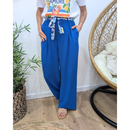 Pantalon femme fluide bleu roi ceinture fleurie Clizia