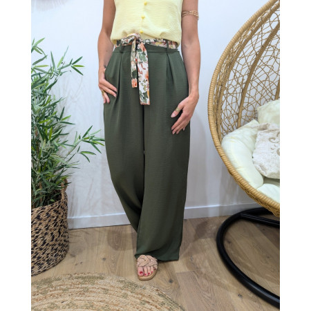 Pantalon femme fluide kaki ceinture fleurie Clizia