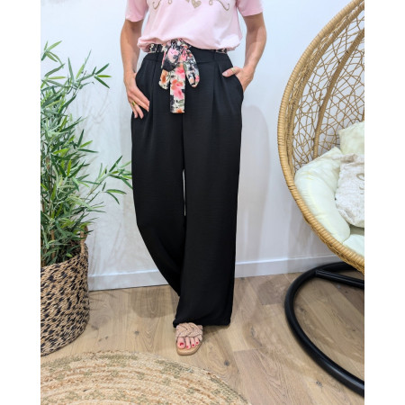 Pantalon femme fluide noir ceinture fleurie Clizia