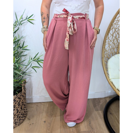 Pantalon femme fluide rose ceinture fleurie Clizia