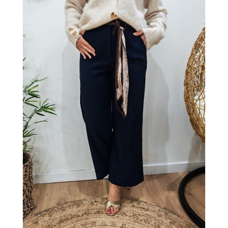 Pantalon femme fluide marine 7/8 ceinture marron