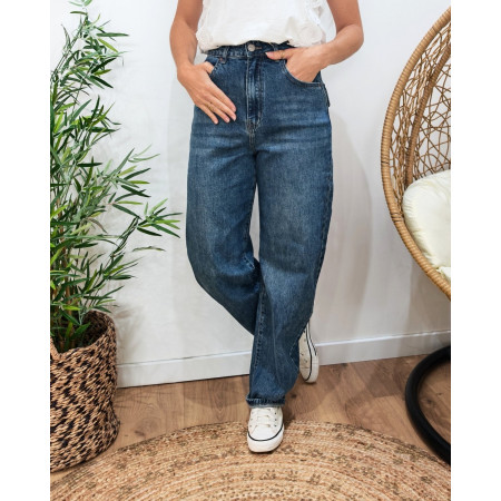 Jean femme barrel bleu foncé délavé ceinture boutonnée