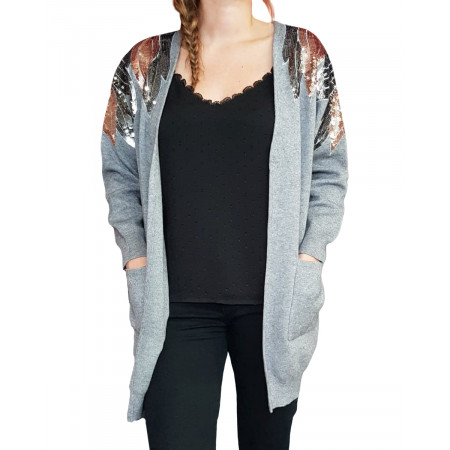 Gilet long gris épaules ailes en sequins cuivrées et argent