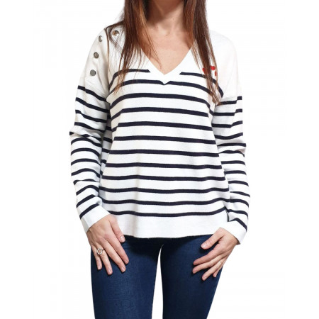Pull marinière blanc rayures bleues coeurs rouges