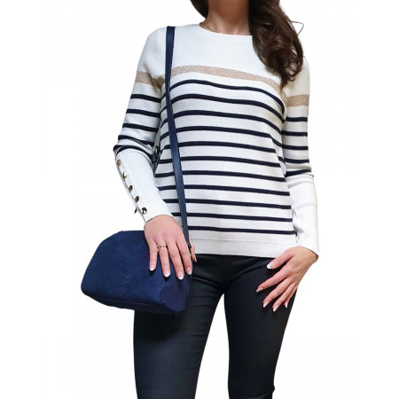 Pull marinière blanc rayures marines bande dorée