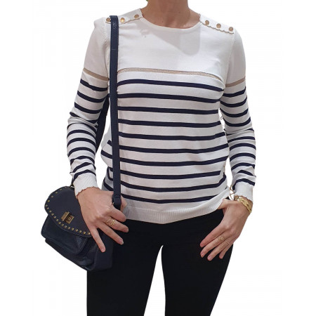 Pull marinière blanc rayures fines marine et doré