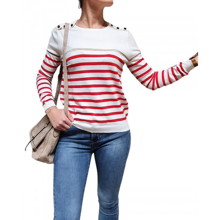 Pull marinière blanc rayures fines rouge et doré