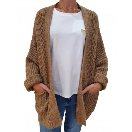 Gilet grosse maille camel étoile beige poches plaquées