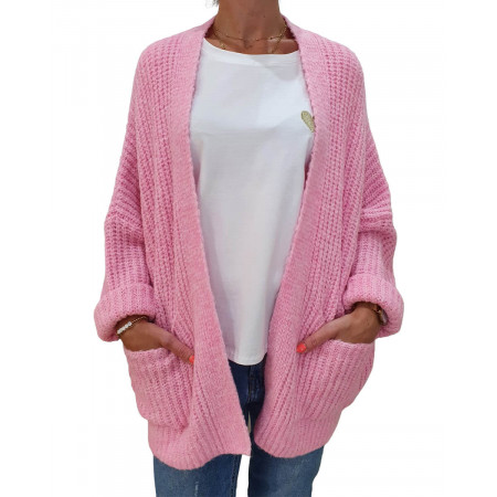 Gilet grosse maille rose étoile grise poches plaquées