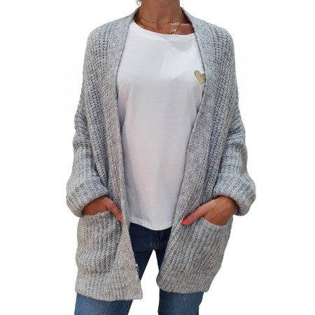 Gilet grosse maille gris étoile orange poches plaquées