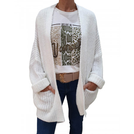 Gilet grosse maille blanc cassé étoile kaki poches plaquées