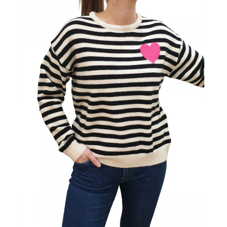Pull marinière noir blanc cassé coeur rose