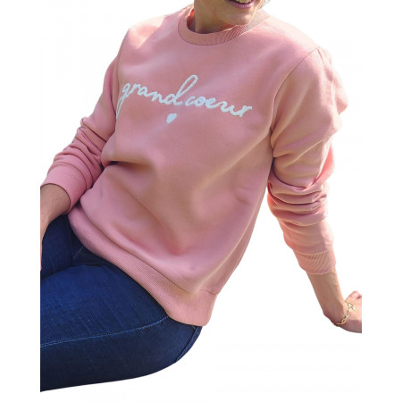 Sweat femme rose broderie Grand cœur
