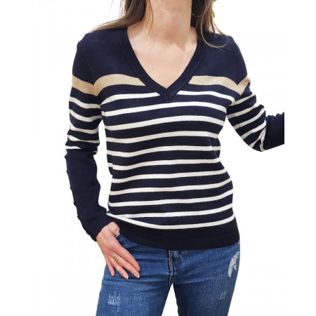 Pull femme marinière col V marine rayures blanches et dorées