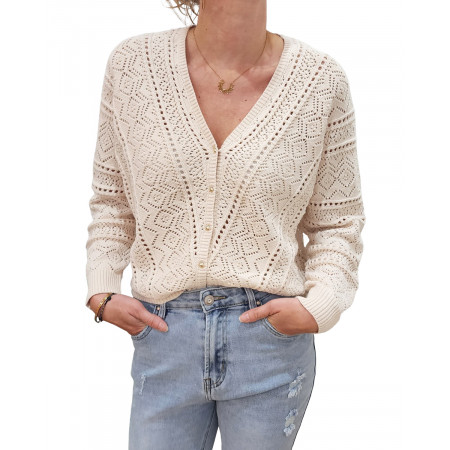 Pull femme crochet boutonné beige Maika