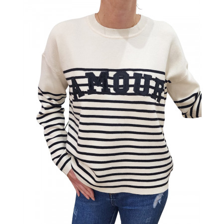 Pull femme marinière beige AMOUR noir