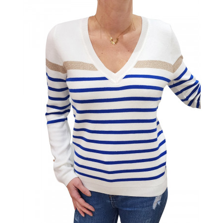 Pull femme marinière col V blanche rayures bleu roi et dorées