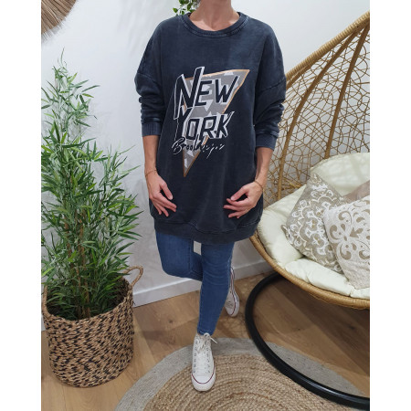 Sweat long gris délavé et doré New York Brooklyn