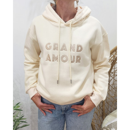 Sweat femme beige broderie Grand Amour