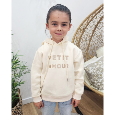 Sweat à capuche enfant beige broderie Petit Amour