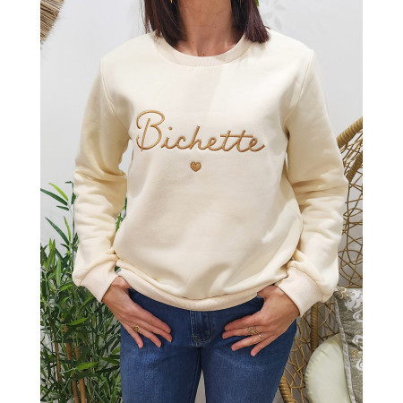 Sweat femme beige broderie Bichette