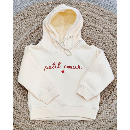 Sweat enfant à capuche beige broderie Petit cœur