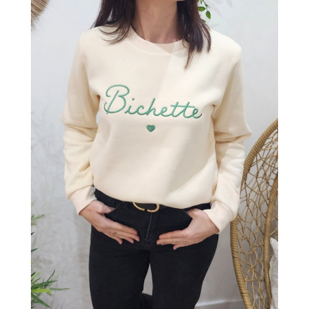 Sweat femme beige broderie Bichette verte