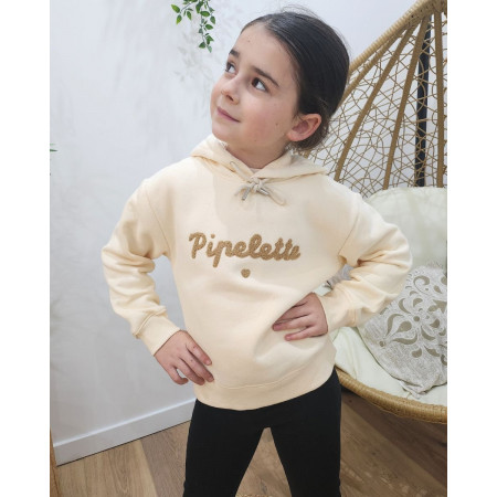 Sweat à capuche enfant beige broderie Pipelette camel
