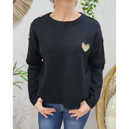 Pull femme noir broderie coeur dégradé dorée