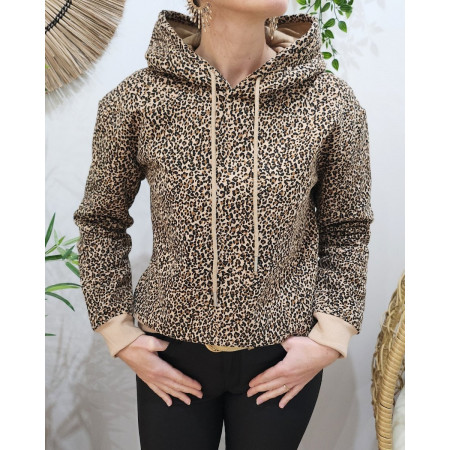 Sweat à capuche femme camel imprimé léopard