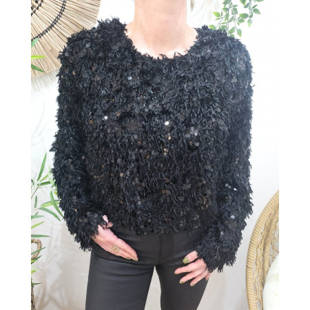 Pull femme noir effet plumes et sequins Violetta
