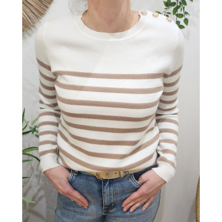 Pull femme marinière col boutonné écru et taupe