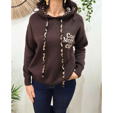Pull à capuche femme marron et léopard Cool Mom Club