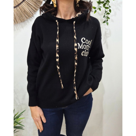 Pull à capuche femme noir et léopard Cool Mom Club